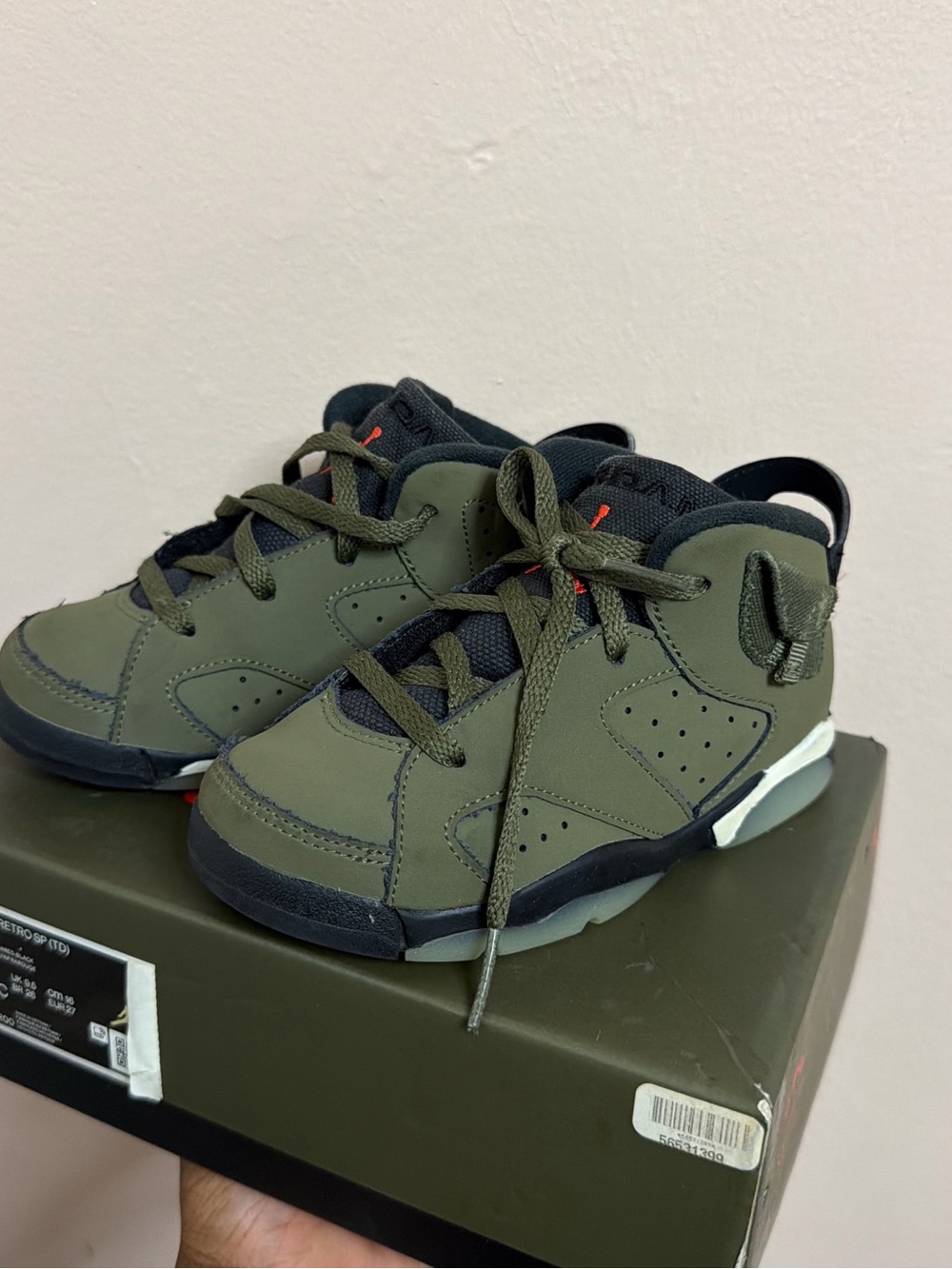 Travis Scott Jordan Kids Olive Green and Black Retro Sneakers